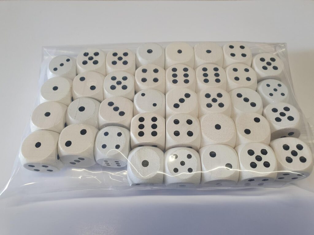 BAG OF 36 X WHITE WOODEN DICE