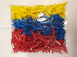 BAG OF 244 PLASTIC ROCKETS 3CM X 1.5CM - 85 X YELLOW, 83 X RED + 76 X BLUE